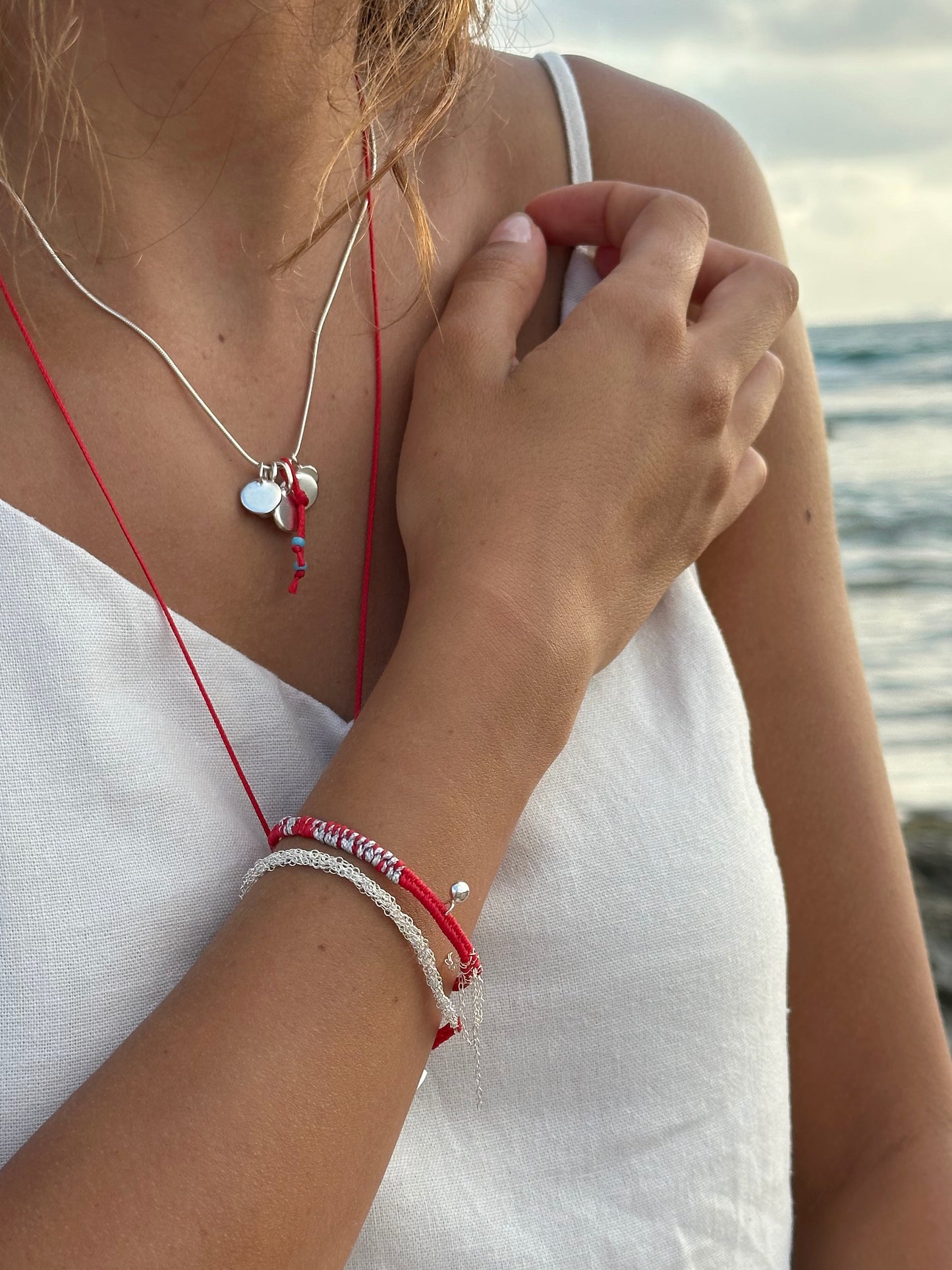 Five Charms Silver Necklace with Red String