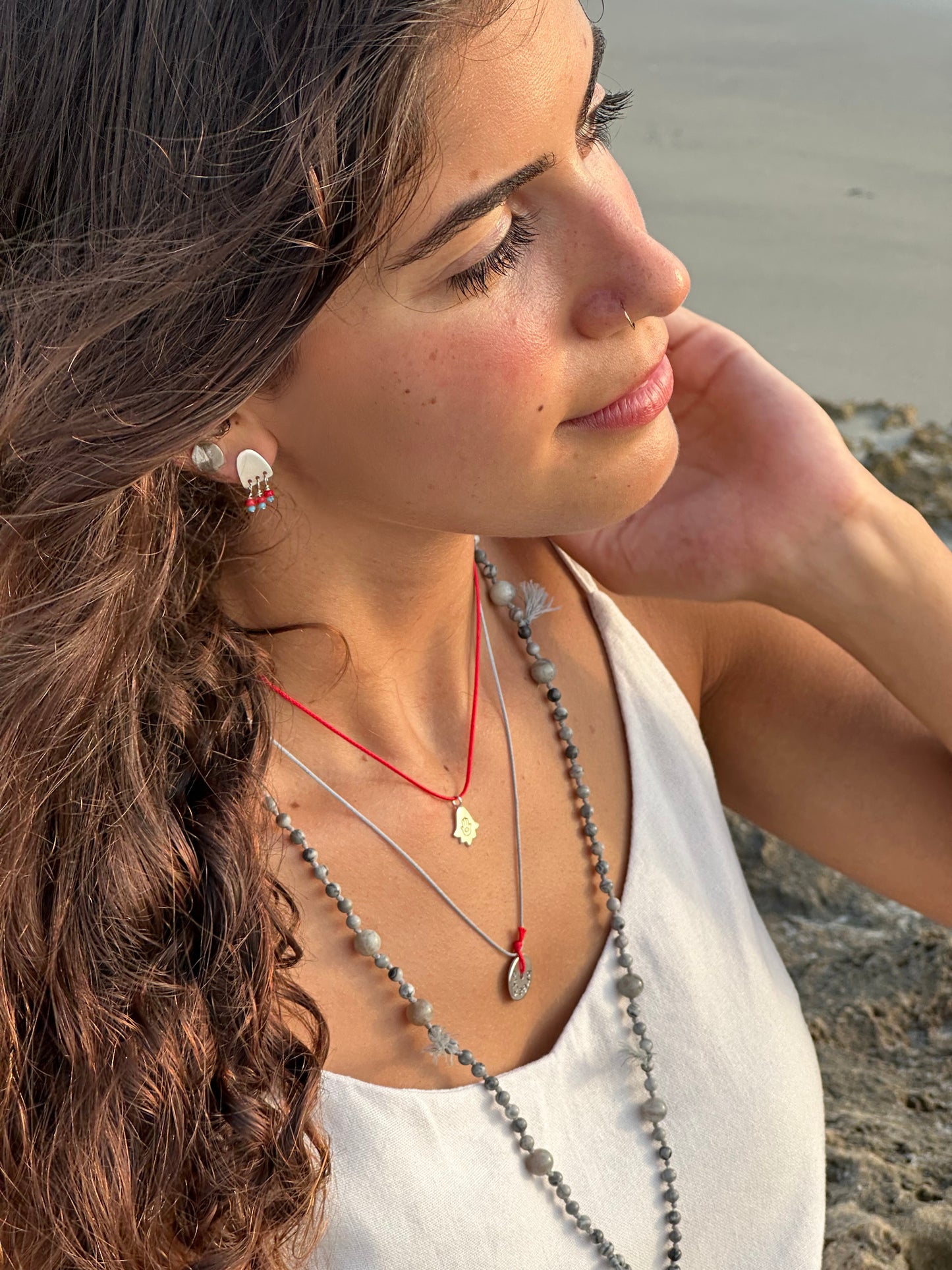 Silver Stud Earrings with Beads