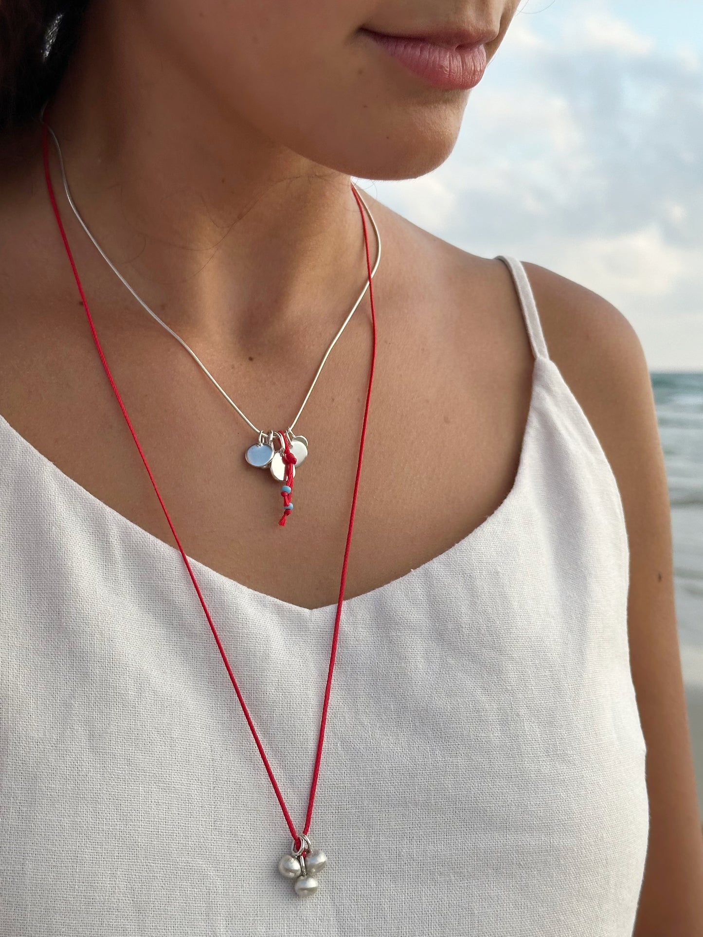 Solid Silver Ball Necklace with Red String