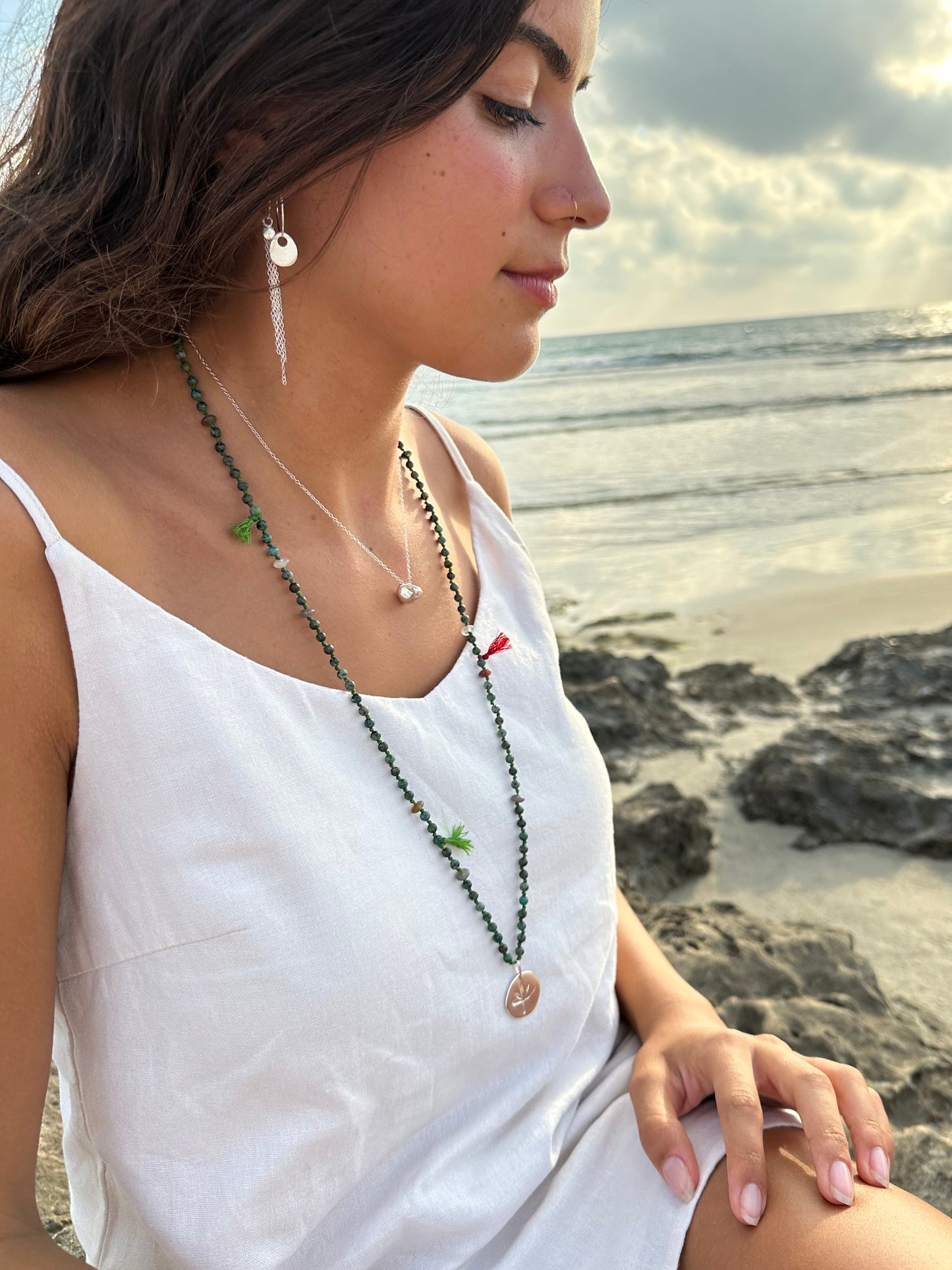 African Turquoise Necklace with Silver Leaf Pendant