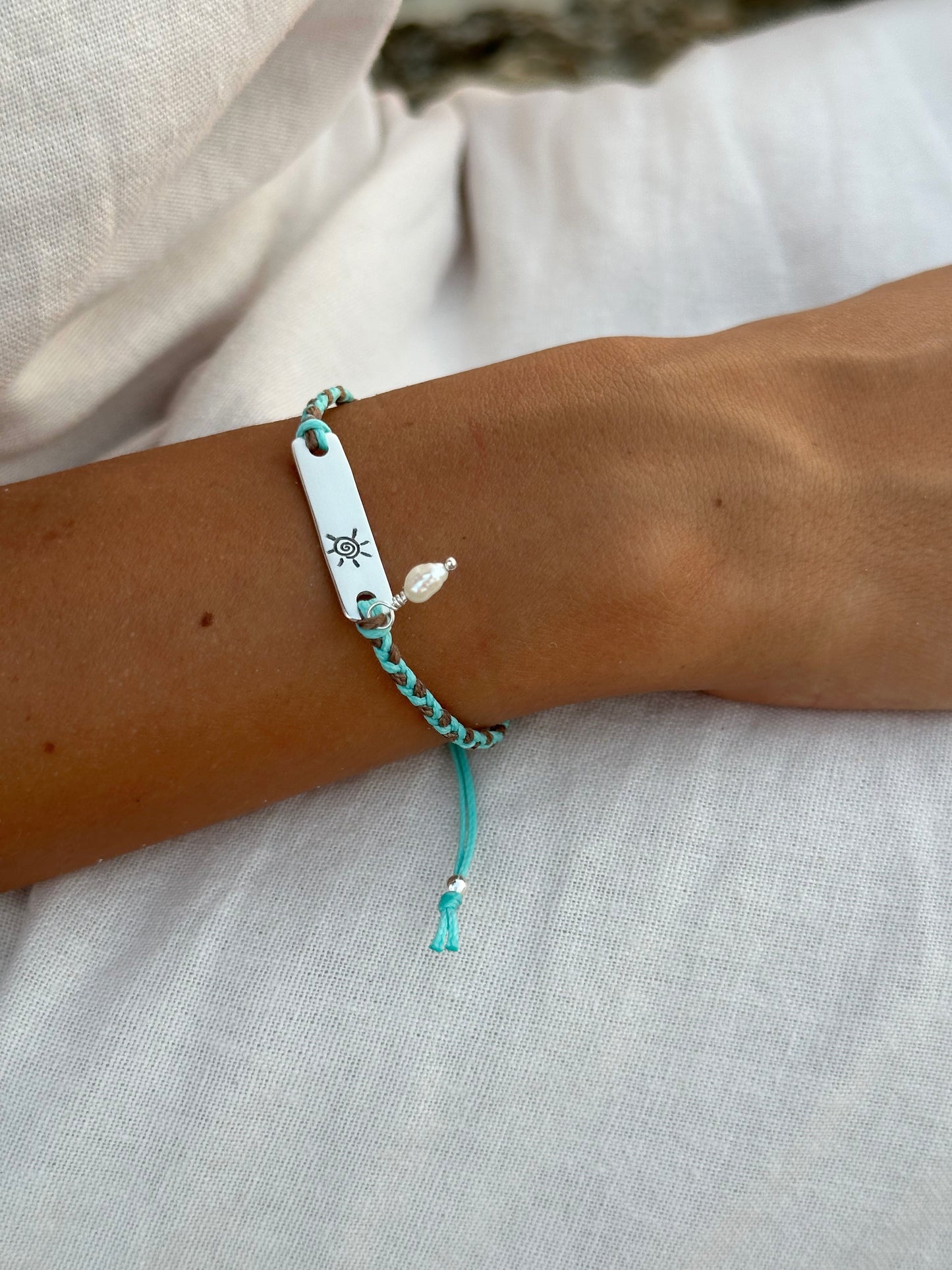 Braided Aqua and Brown Boho Bracelet with Silver Bar