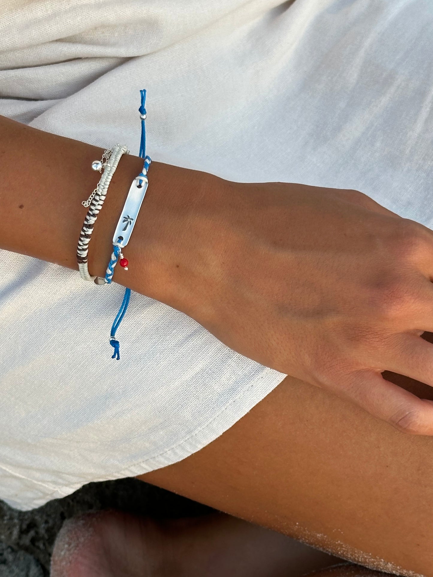 Braided Blue and Off White Boho Bracelet with Silver Bar