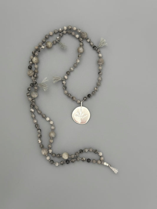 Natural Stone Bead Necklace with Silver Leaf Pendant