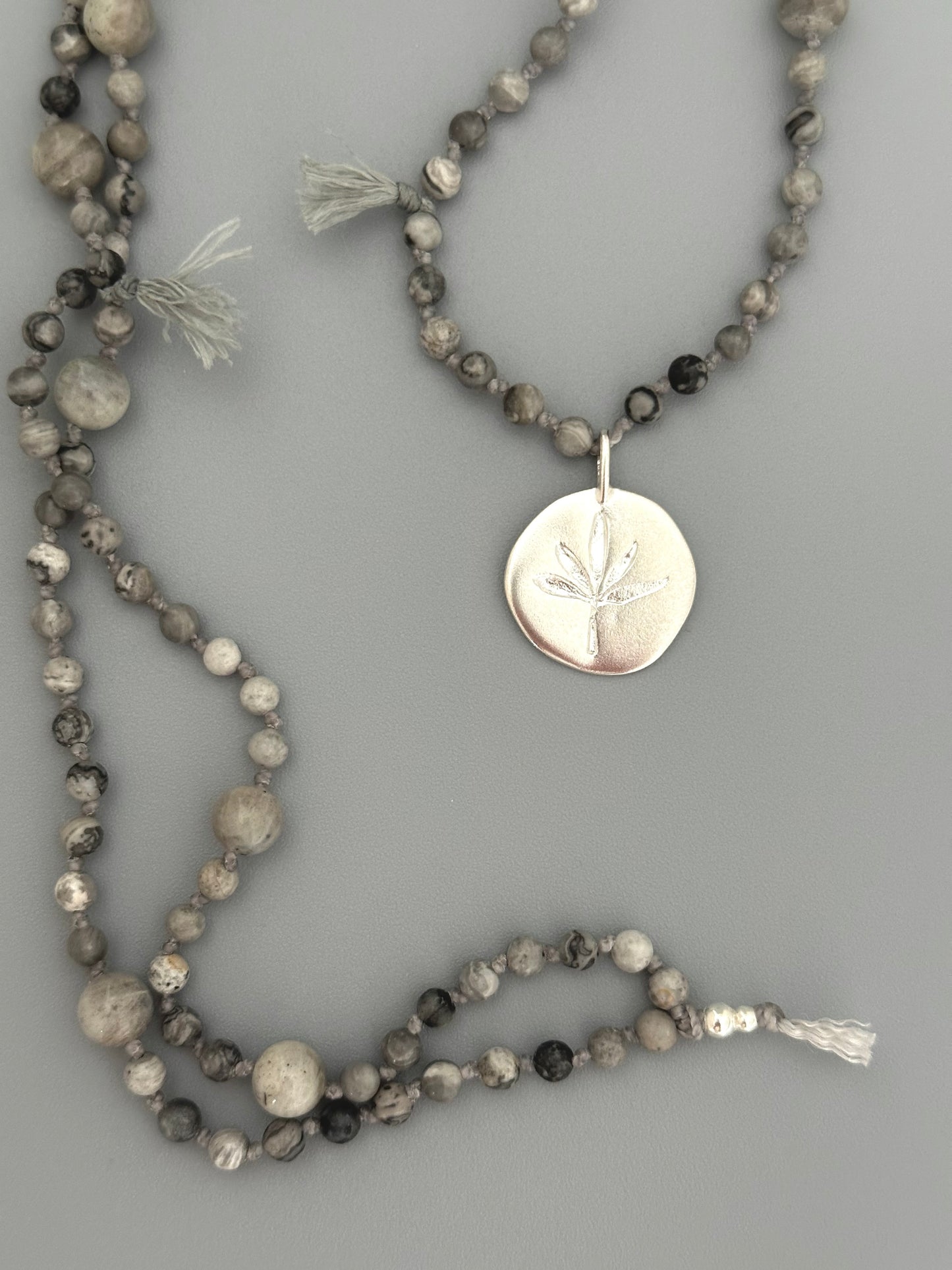 Natural Stone Bead Necklace with Silver Leaf Pendant