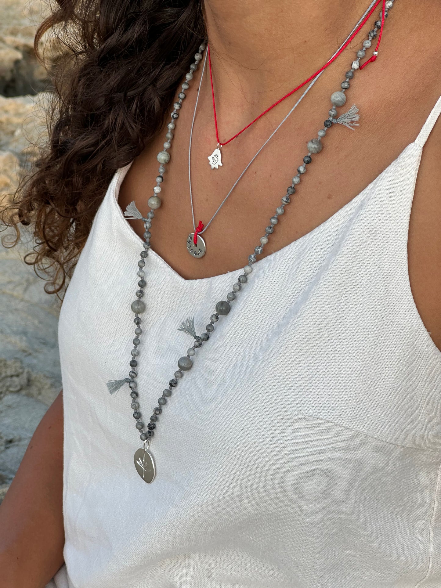 Natural Stone Bead Necklace with Silver Leaf Pendant