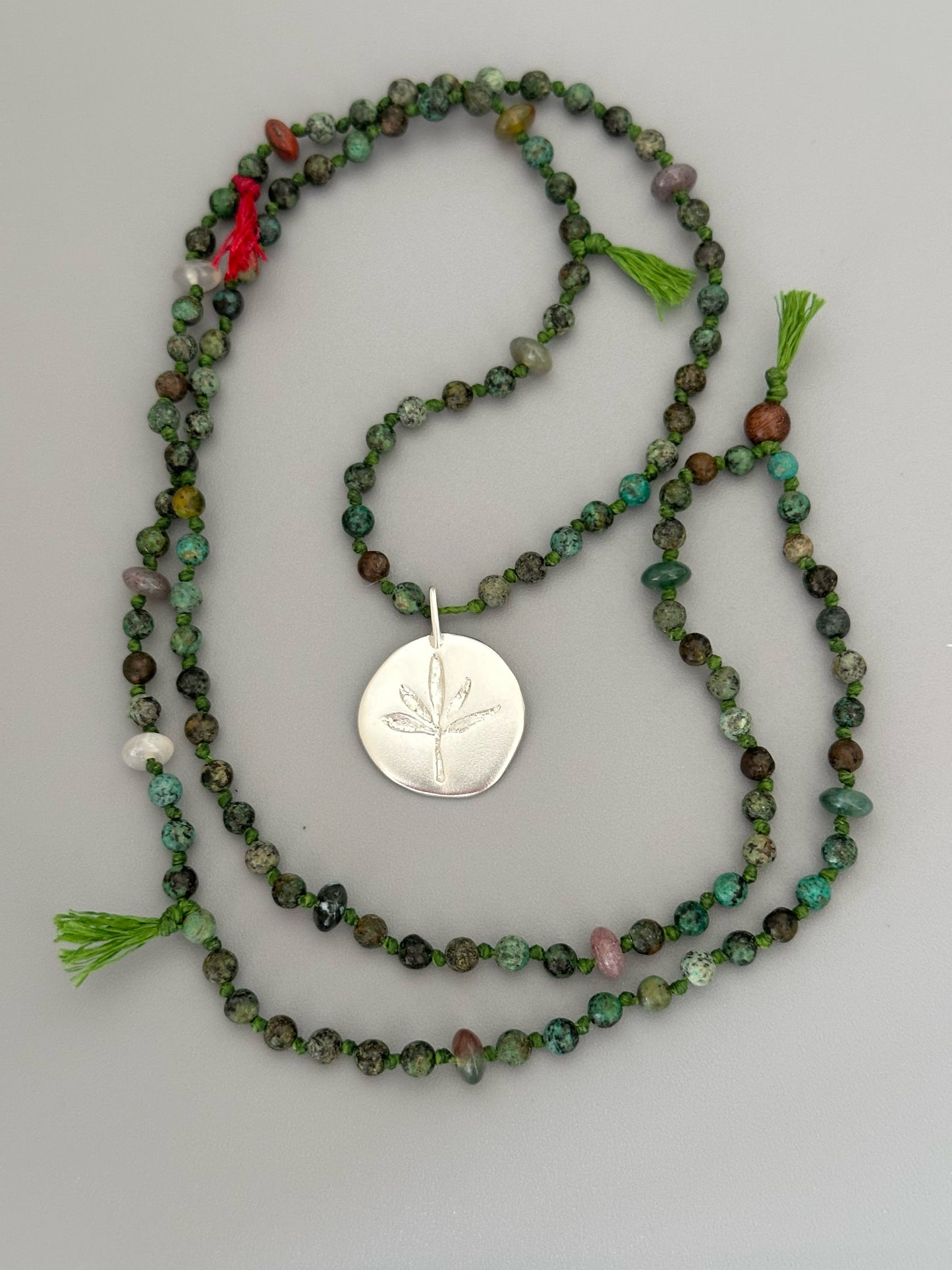 African Turquoise Necklace with Silver Leaf Pendant