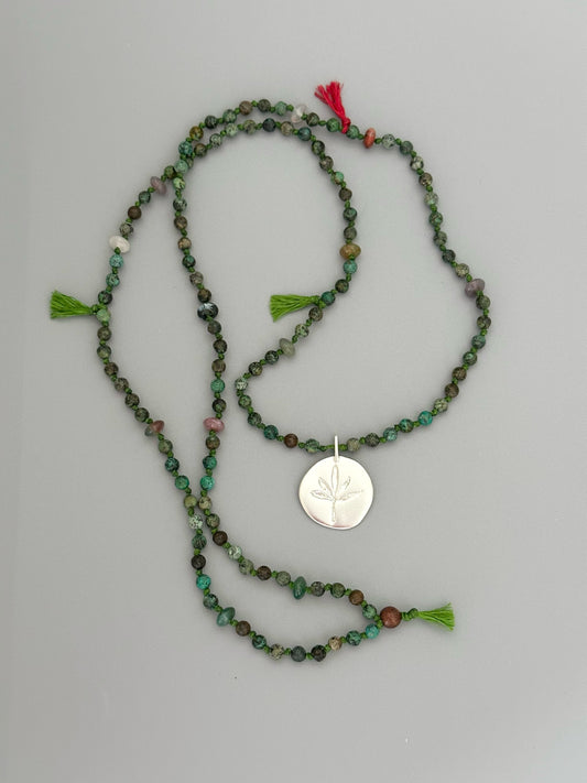 African Turquoise Necklace with Silver Leaf Pendant