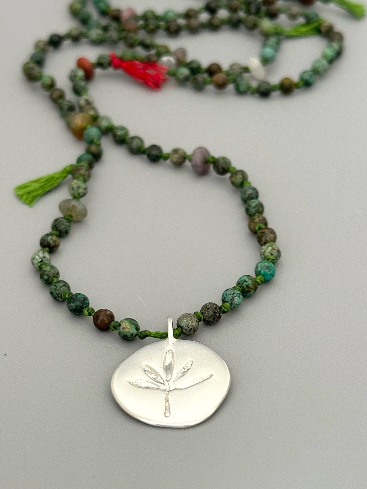 African Turquoise Necklace with Silver Leaf Pendant